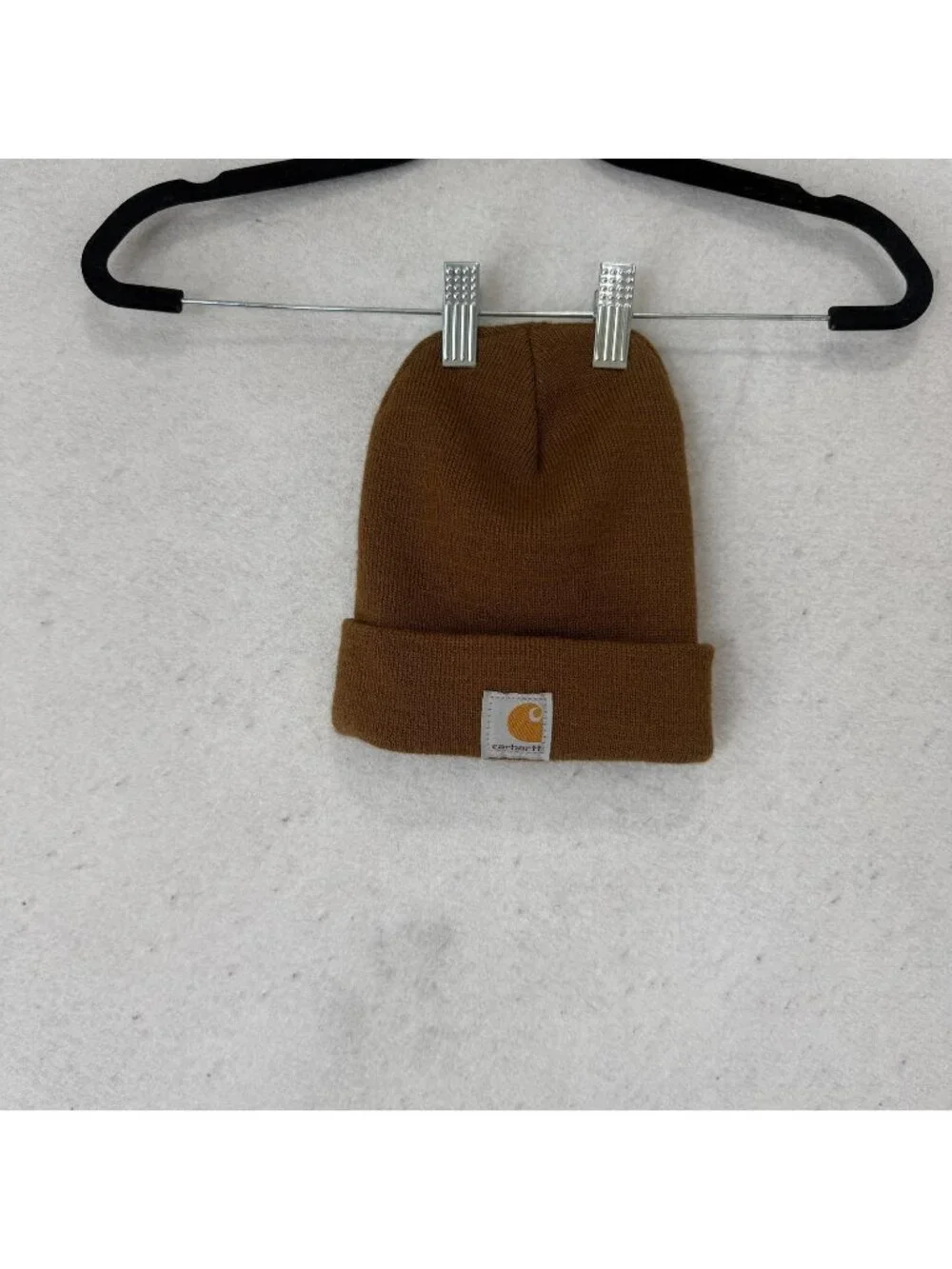 Carhartt Beanie Boys One Size Brown Knit Cuffed Logo Hat Youth Winter Workwear
